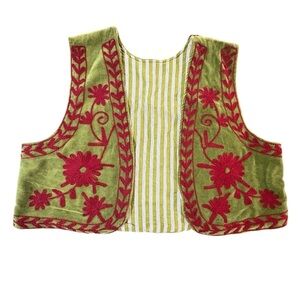Suzani Kantha Velvet Vest Floral Embroidered Lined Red Green Elf Costume
